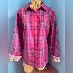 Chaps No Iron Women’s Button Down Blouse Plaid Magenta Pink Paisley Cuff 3X